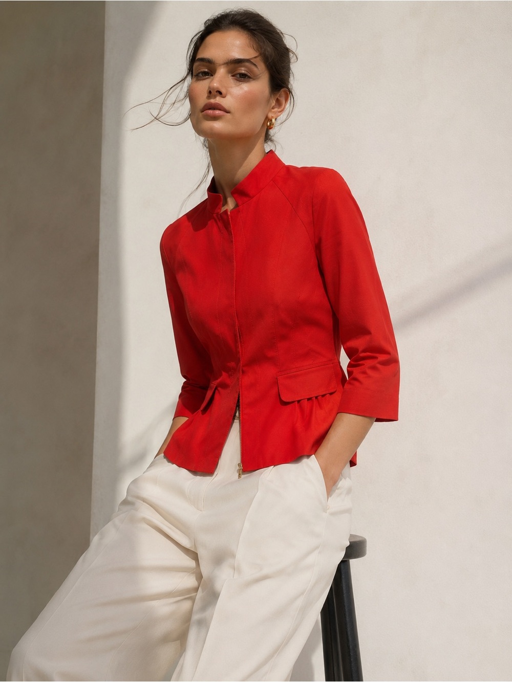 Kenneth Cole New York Structured Red Satin Peplum Jacket Mandarin Collar